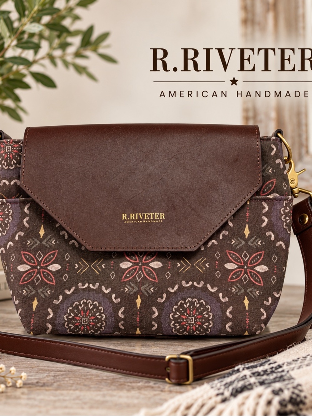 R. Riveter Canvas Leather Crossbody Bag Brown Boho Handmade